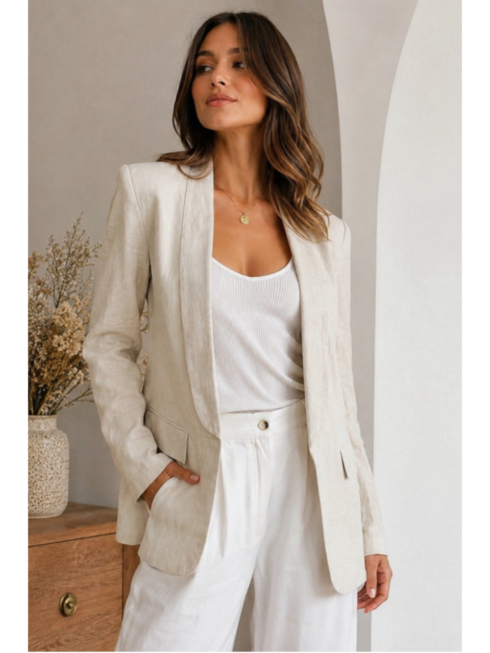 Catherine Malandrino 100% Linen Blazer Jacket Women’s 6 Beige Open Front